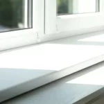 Clean and bright white window sill with sunlight casting shadows.