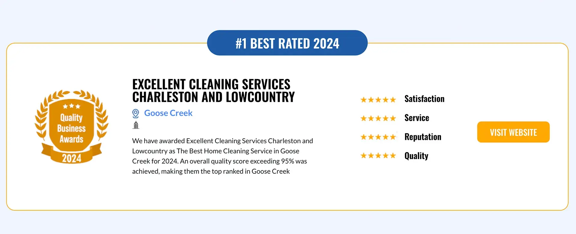 Awarded Best House Cleaning Service Charleston SC 2024 by Quality Business Awards