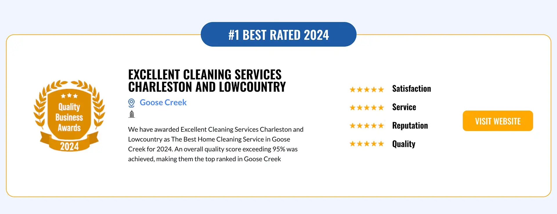 Awarded Best House Cleaning Service Charleston SC 2024 by Quality Business Awards
